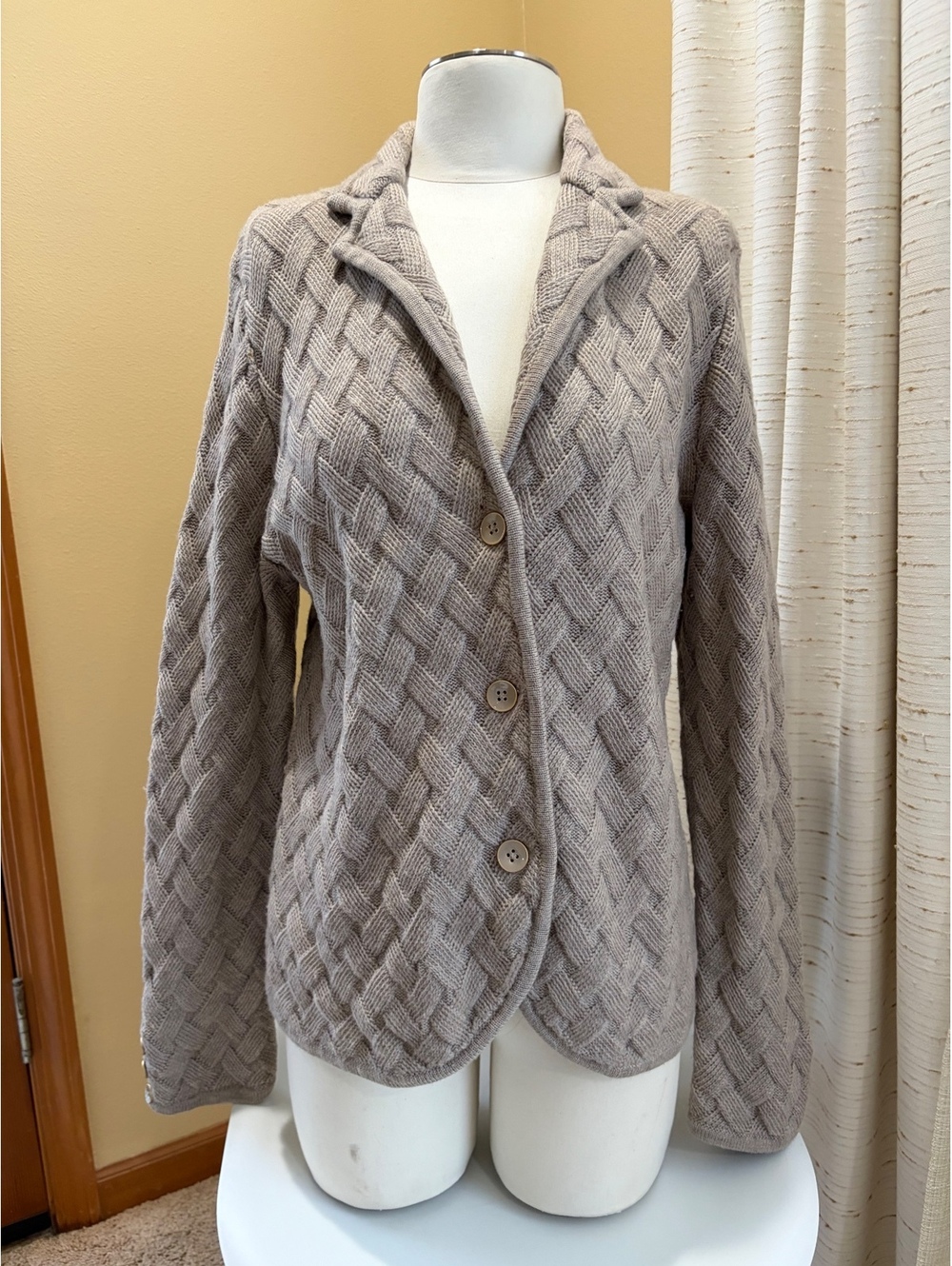 Talbots pure merino wool basket weave blazer style sweater beige L LARGE